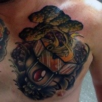 Strange looking fire pit with burning tree tattoo on chest