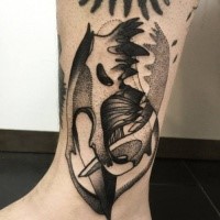 Strange tattoo painted by Michele Zingales in dotwork style on leg