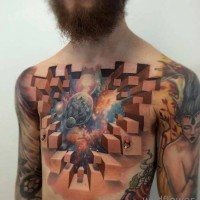Tatuaje en el pecho, 
cosmos excelente profundo con cubos volumétricos