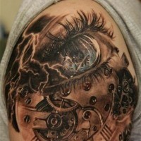 Stunning 3D realistic engineering mechanism with awesome eye tattoo on shoulder