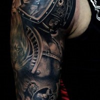 Stunning accurate painted black and white sleeve tattoo of ancient gladiator fighting lion tattoo