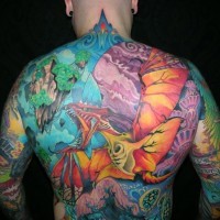 Stunning Avatar themed colorful massive on whole back tattoo