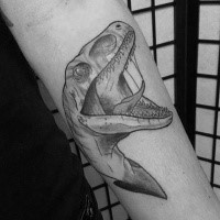 Stunning black and white forearm tattoo of dinosaur head
