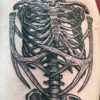 Stunning black and white human skeleton with deer horns tattoo