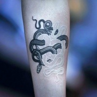 Stunning black and white ink snakes tattoo on forearm