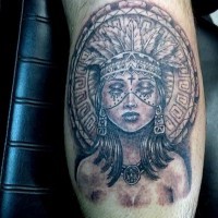 Stunning black and white leg tattoo of mystical tribal woman