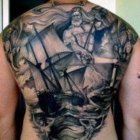 Tatuaje en la espalda,
poseidón el dios de las aguas y barco fantástico en ondas