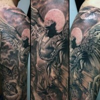 Stunning black and white shoulder tattoo of angel warrior with pigeon
