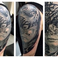 Stunning black and white shoulder tattoo of woman mask