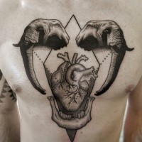 Stunning black ink engraving style chest tattoo of elephant heads with heart and skull
