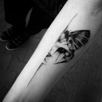 Stunning black ink sketch style tattoo of funny cat