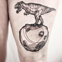 Stunning black ink thigh tattoo of dinosaur and planet
