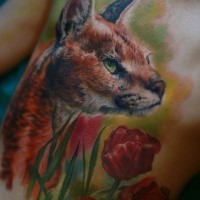 Stunning breathtaking looking colored realism style back tattoo of wild cat with flowers