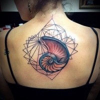 Stunning colored back tattoo of big shell with geometrical figure