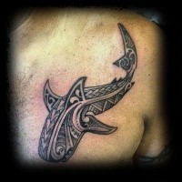 Stunning colored big chest tattoo of Polynesian style shark