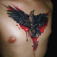 Stunning colored big colored chest tattoo of bloody crow and mystical symbol