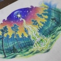 Stunning colored illustrative style mystical forest with star and mushroom tattoo