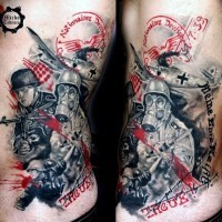 Stunning colored military tattoo on side with lettering