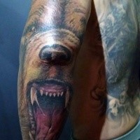 Stunning colored sleeve tattoo of roaring bear head