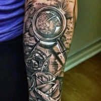 Stunning designed realistic old sun clock with lope tattoo on arm