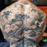 Stunning detailed massive black and white whole back tattoo of lonely tree in cemetery