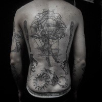 Stunning dotwork style whole back tattoo of strange combined mystical symbols