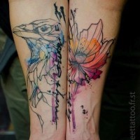 Stunning glass like watercolor colored bird with flower tattoo on arms