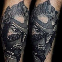 Stunning gray washed style detailed man in gas mask tattoo on arm