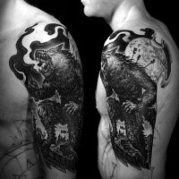 Stunning illustrative style black and white werewolf fighter with moon and arrows
