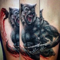 Stunning illustrative style colored arm tattoo of cool looking bloody werewolf