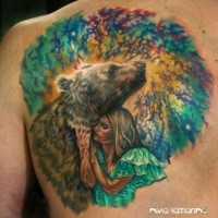 Stunning illustrative style colored back tattoo of woman with bear