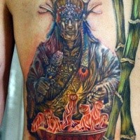 Stunning illustrative style colored mystical fantasy magician tattoo on back