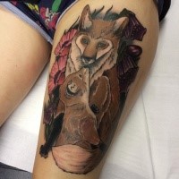 Stunning illustrative style colored thigh tattoo of fox family and flowers