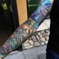 Stunning interesting colored sleeve tattoo of various gas masks