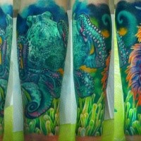 Stunning large realism style colored octopus with underwater plants tattoo on forearm