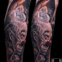 Stunning looking colored leg tattoo of mystical clock with 13 number and dice