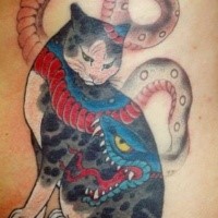 Stunning looking colored tattoo of Manmon cat by horitomo