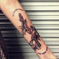 Stunning multicolored detailed Sith lightsaber tattoo on forearm stylized with flowers and lettering