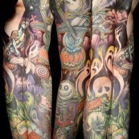 Stunning multicolored monster cartoon tattoo on sleeve