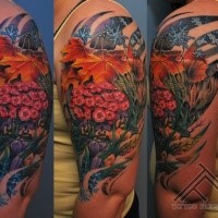 Stunning multicolored shoulder tattoo of wildflowers