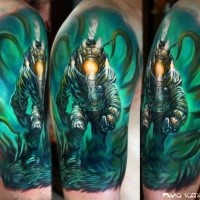 Stunning new school style shoulder tattoo of underwater diver