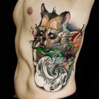 Stunning new school style side tattoo of raccoon with big flowers