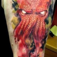 Stunning painted and colored evil octopus tattoo on shoulder