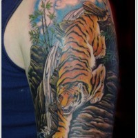 Stunning painted and colored realistic tiger near waterfall tattoo on shoulder