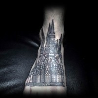 Stunning painted big old cathedral tattoo on foot