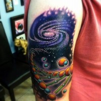 Stunning painted colorful DNA and space shoulder area tattoo