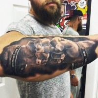 Stunning realism style colored fighters fists tattoo on forearm