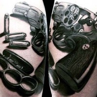 Stunning realistic designed big pistol with bullets tattoo on arm