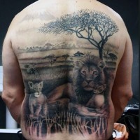 Stunning realistic looking black ink lion family in wild life tattoo on back