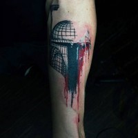 Stunning simple painted big colored building tattoo on ankle